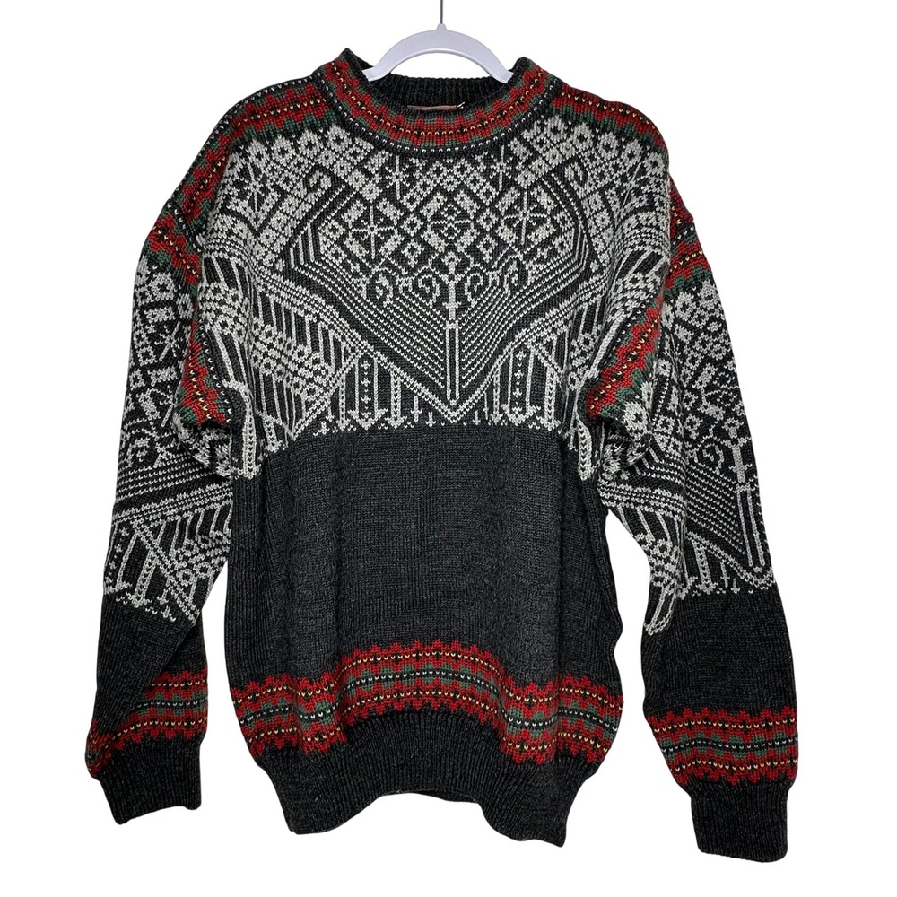 Christiana Sweater Mens L Norwegian Wool Reindeer Nordic Fair Isle Pullover Gray